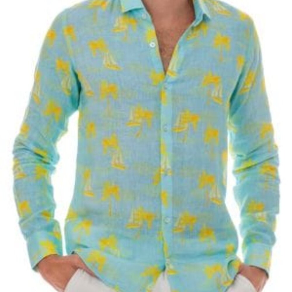 Men's Ranee's Print Linen Shirt Aqua & Yellow Brand New Orig Pkg